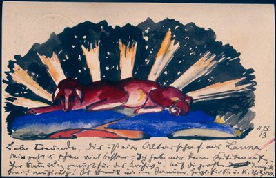 "Altarschaf aus Lana", Franz Marc da Sindelsdorf a Gabriele Münter a Monaco: Cartolina, timbro postale 11.04.1913 da Franz Marc
