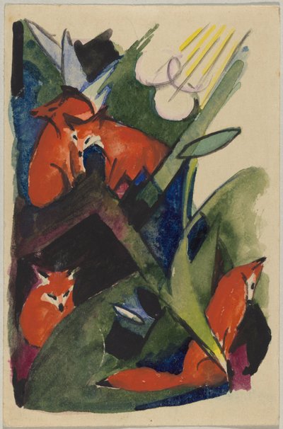 "Quattro volpi", Franz Marc da Sindelsdorf a Wassily Kandinsky a Monaco: Cartolina, timbro postale 04.02.1913 da Franz Marc