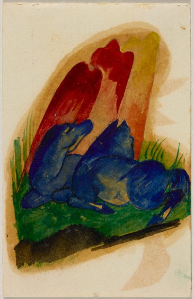 Zwei blaue Pferde vor rotem Felsen, Postkarte aus Sindelsdorf an Wassily Kandinsky in München da Franz Marc