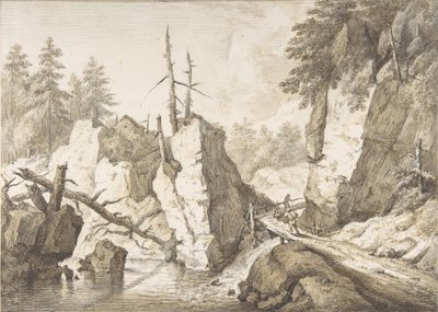 Paesaggio montano svizzero con piccolo ponte che attraversa un ruscello da Franz Schutz