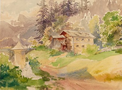 Paesaggio alpino con casa colonica e donna davanti a un