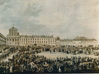 Corteo funebre di Ludwig van Beethoven nel 1827 dalla Schwarzspanierhaus alla chiesa della Santissima Trinità nella Alsergasse, Vienna (acquerello) da Franz Stober