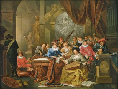 Festa musicale in un interno palaziale con statue e opere d