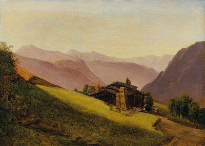 Paesaggio montano con baite e contadini che fanno il fieno da Franz Wipplinger
