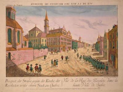 Veduta della Rue des Recolets di Quebec, pubblicata c.1770s da Franz Xaver Habermann