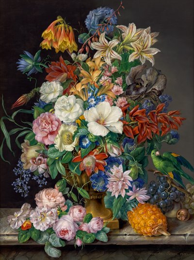 Composizione floreale con ananas, uva e pappagallo da Franz Xaver Petter
