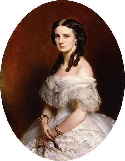 Ritratto di una signora, mezzo busto, con un vestito bianco e un paio di occhiali da Franz Xaver Winterhalter