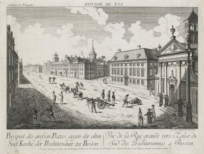 Vue d’Optique/Prospettiva delle grandi Piazze verso la Vecchia Chiesa Presbiteriana del Sud a Boston, c. 1776 da Franz Xavier Habermann