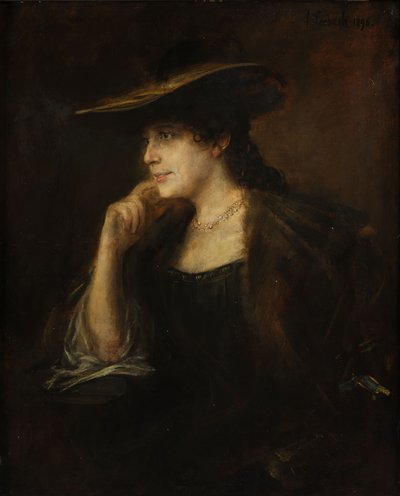 Ritratto di giovane donna con collo di pelliccia e cappello a tesa larga da Franz von Lenbach