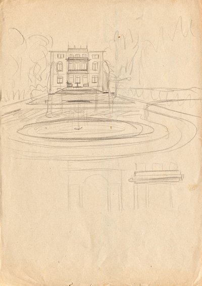 Bozzetti per la villa studio di Matsch - Vista dal giardino con fontana da Franz von Matsch