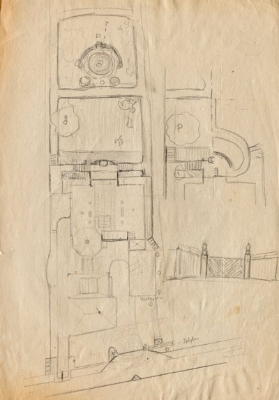 Schizzi di progetto per la villa studio di Matsch - Pianta del complesso e del giardino, cancello da Franz von Matsch