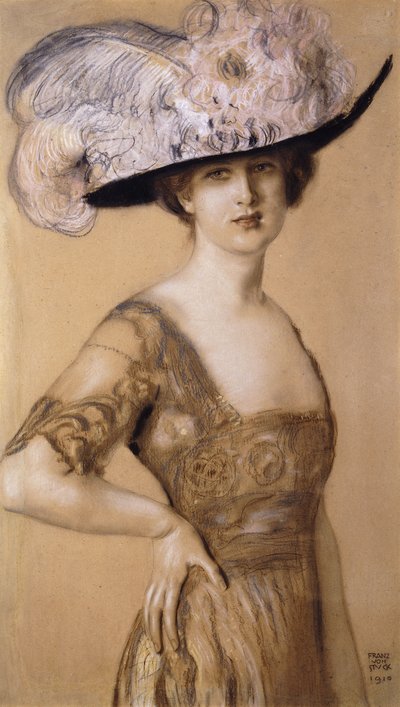 Ritratto di una signora con cappello piumato, 1910 da Franz von Stuck