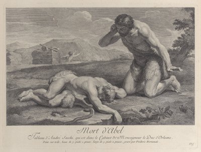 Adamo si inginocchia nel dolore accanto al corpo di Abele, mentre Caino fugge sullo sfondo, ca. 1729 da Frédéric Horthemels