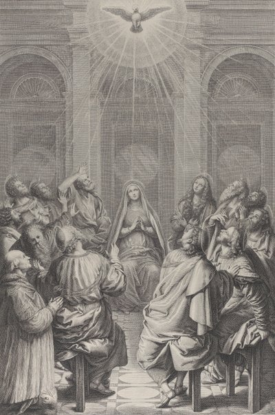 La Pentecoste, con gli Apostoli e la Vergine seduti in cerchio, lo Spirito Santo da Frédéric Horthemels