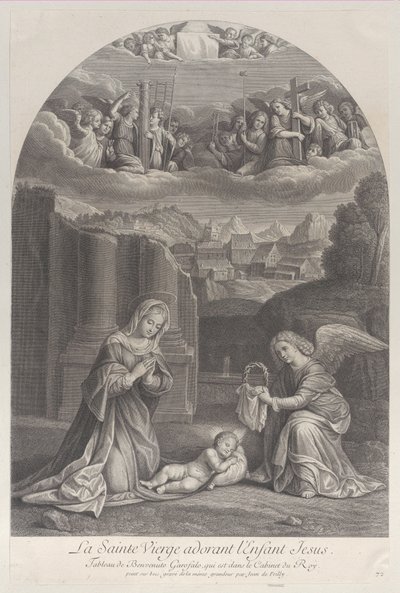 La Vergine Maria che adora il Bambino Gesù, un angelo che tiene una corona di spine a destra, ca. 1729 da Frédéric Horthemels