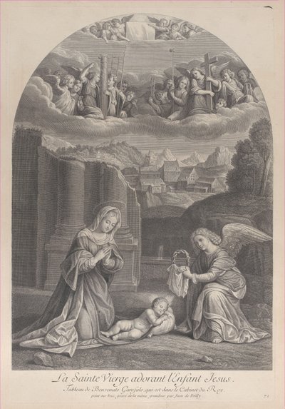 La Vergine Maria adora il bambino Gesù, un angelo tiene una corona di spine a destra da Frédéric Horthemels