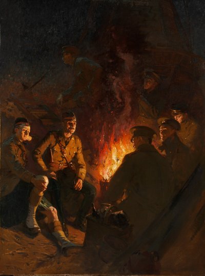 Da qualche parte al fronte, soldati attorno a un fuoco da campo di notte, Fronte Occidentale da Fred Roe