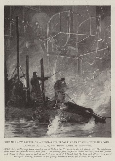 La stretta fuga di un sottomarino dal fuoco nel porto di Portsmouth da Fred T. Jane