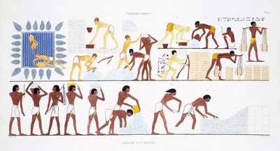 Fabbricazione di mattoni, da un raro registro di affreschi di Tebe, registrato 1819-1822 durante la sua seconda visita in Egitto da Frederic Cailliaud (1787-1869), litografia a colori da Frederic (after) Cailliaud