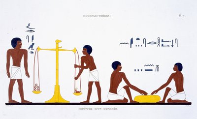 Rituali di Morte (soggetto non chiaro), da un raro resoconto di affreschi di Tebe, registrato 1819-1822 durante la sua seconda visita in Egitto da Frederic Cailliaud (litografia a colori) da Frederic (after) Cailliaud