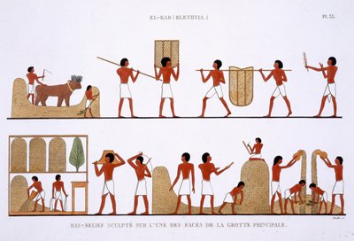 Trasporto, Conservazione e Registrazione delle scorte di Grano, da un raro resoconto di affreschi di Tebe, registrato 1819-1822 durante la sua seconda visita in Egitto da Frederic Cailliaud (litografia a colori) da Frederic (after) Cailliaud