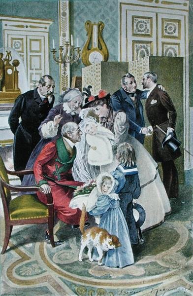 La visita ai nonni, dopo un acquerello originale, fine XIX secolo (litografia a colori) da Frederic (after) Regamey