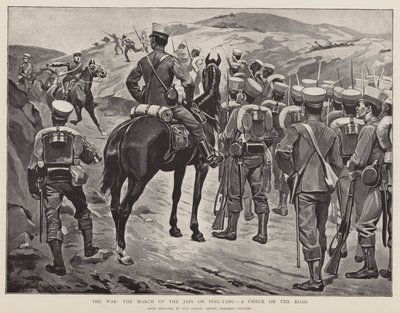 La guerra, la marcia dei giapponesi su Ping-Yang, un controllo sulla strada (litografia) da Frederic (after) Villiers