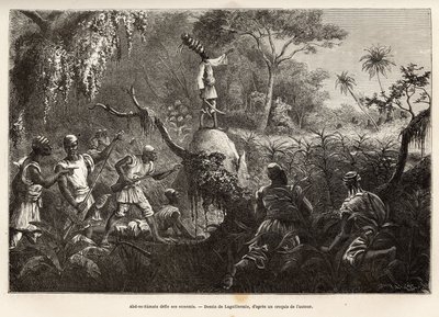 Abd es Samate, amico e luogotenente di Mounza, re dei Mombuttous, sfida i suoi nemici i Zandes (o niam niam) che hanno dichiarato guerra a loro, incisione dopo il disegno di Laguillermie, illustrando un viaggio nel cuore dell