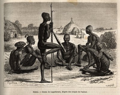 Dinka del villaggio di Koudj (Senegal), il cui corpo è coperto di cenere, per proteggerli da insetti e parassiti, è anche una caratteristica cosmetica e sociale, inciso dal disegno di Laguillermie, che illustra il viaggio nel cuore dell