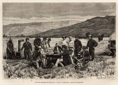 La missione geologica degli Stati Uniti è giovane nella pianura, incisa dopo il disegno di Laguillermie, illustrando una serie di missioni geografiche attraverso il Parco Nazionale degli Stati Uniti, dal 1870 al 1872, di signori Hayden, Doane e Langford, p da Frederic Auguste Laguillermie