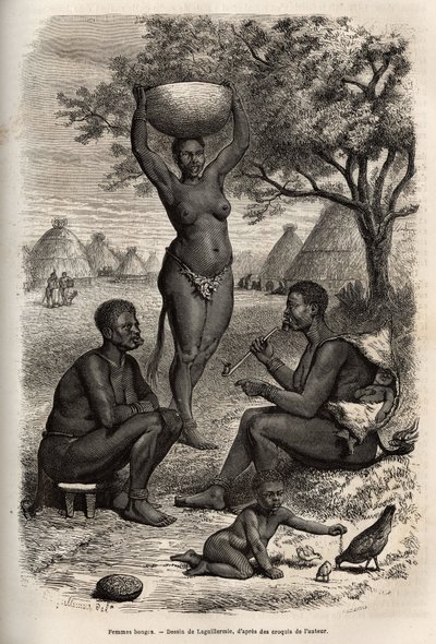 Tipi e attività delle donne Bongos (Sudan centrale), con i loro ornamenti metallici, campane e graffette che mettono sulle orecchie e sulle labbra, incisione dopo il disegno di Laguillermie, illustrando il viaggio nel cuore dell