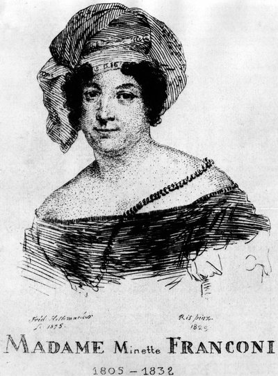 Circo: Acquaforte di Frédéric Hillemacher, ritratto di Mrs. Minette Franconi (1805-1832) - in "Il Circo Franconi" da Frederic Desire Hillemacher
