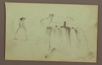 Una ragazza che cammina, un pollo accovacciato e le cascate americane sul fiume Niagara da Frederic Edwin Church