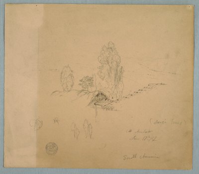 Disegno, Un tetto di paglia e un tetto di tegole con cime di alberi in un paesaggio montuoso vicino al Chimborazo, Ambato, Ecuador, 17 giugno 1857 da Frederic Edwin Church