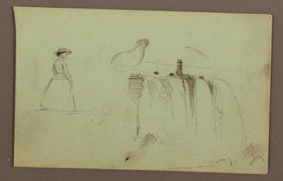 Disegno, Una ragazza che cammina, un pollo accovacciato e le cascate americane sul fiume Niagara, forse 1856 da Frederic Edwin Church