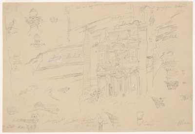 Disegno, Dettagli architettonici di El Khasneh, Petra, fine febbraio 1868 da Frederic Edwin Church