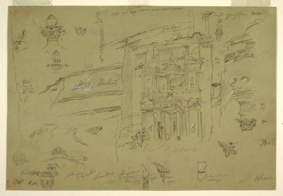 Disegno, Dettagli architettonici di El Khasneh, Petra, fine febbraio 1868 da Frederic Edwin Church