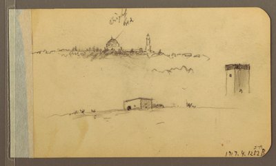 Disegno, chiesa, torre, casa; verso: catena montuosa, 1889 da Frederic Edwin Church