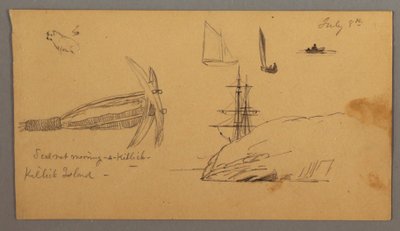 Disegno, Cane, studi di barca a vela, ancora, scogliere, forse 8 luglio 1859 da Frederic Edwin Church
