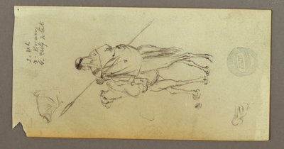 Disegno, Figura che cavalca un cammello, porta una lancia, due studi di figura, forse 1868 da Frederic Edwin Church