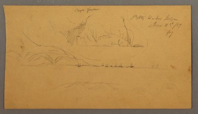Disegno, porto, barche a vela, montagne, 21 giugno 1859 da Frederic Edwin Church