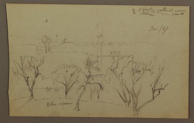 Disegno, Colline, alberi, sole basso, 1867 da Frederic Edwin Church