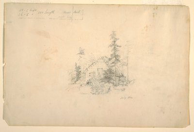 Disegno, capanna di tronchi circondata da alberi, luglio 1844 da Frederic Edwin Church