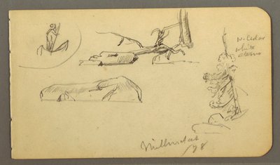 Disegno, uomo in barca, massi, tronco d