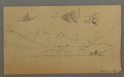 Disegno, Castello medievale, due torri, studi di figure, vicino a Thun, forse 1868 da Frederic Edwin Church