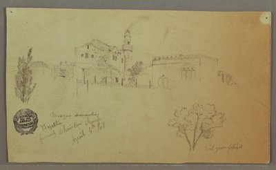 Disegno, Moschea ed edifici adiacenti, alberi, 4 aprile 1868 da Frederic Edwin Church