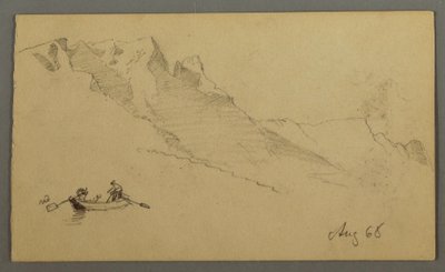 Disegno, Cime di montagna, due figure in una barca a remi, agosto 1868 da Frederic Edwin Church