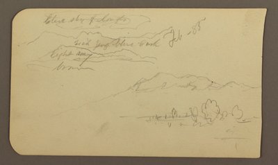 Disegno, catene montuose, Cuautla, Chiesa; verso: Cavallo accovacciato, annotazioni sul paesaggio, febbraio 1885 da Frederic Edwin Church