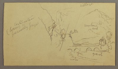 Disegno, valle montana, ponte, edifici, forse 1868-69 da Frederic Edwin Church