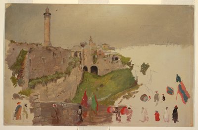 Disegno, corteo che entra in città, Giaffa, inizio marzo 1868 da Frederic Edwin Church